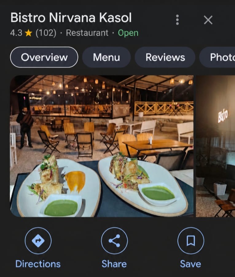 Bistro Nirvana Kasol Google Reviews before YoppyChat — 4.3 stars 102 reviews