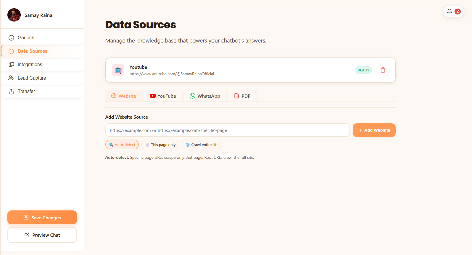 YoppyChat Data Sources dashboard showing a YouTube channel connected with a READY status and video transcript count