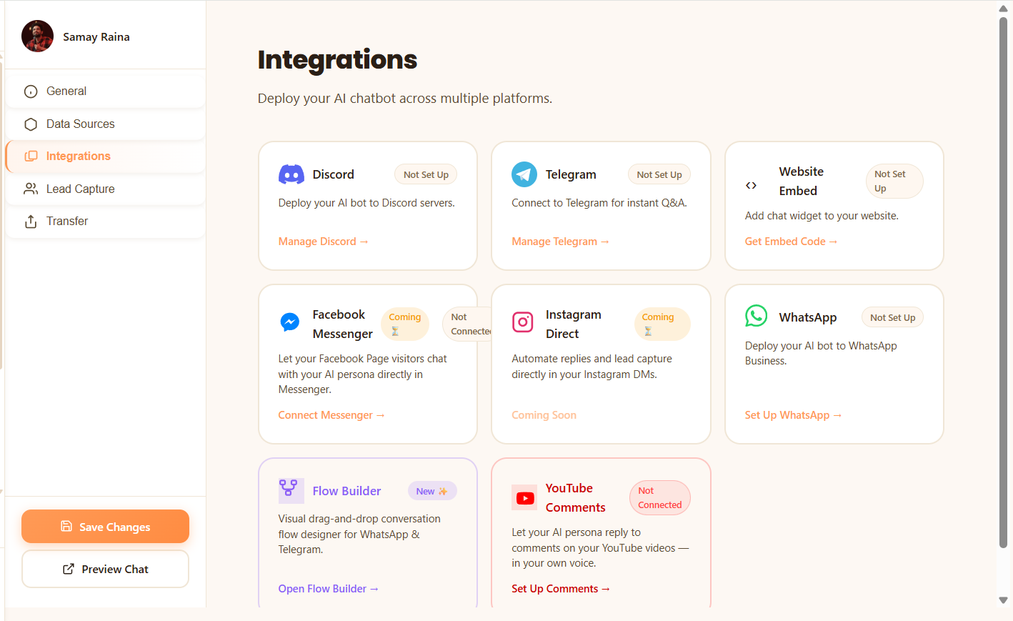 YoppyChat Integrations dashboard showing one-click connections for YouTube Comments, Discord, Telegram, and Website Widgets